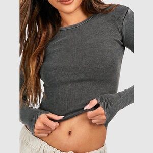 PrettyLittleThing Charcoal Ribbed Long Sleeve Top